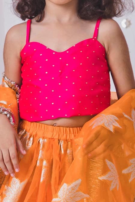 Tiny Pants_Orange Organza, Silk Tassels, Autumn Leaves Pattern Lehenga Blouse Set _Online_at_Aza_Fashions