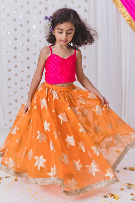 Buy_Tiny Pants_Orange Organza, Silk Tassels, Autumn Leaves Pattern Lehenga Blouse Set _Online_at_Aza_Fashions