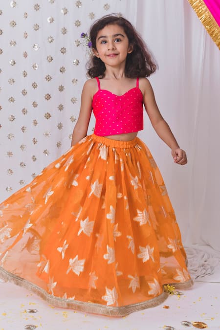 Shop_Tiny Pants_Orange Organza, Silk Tassels, Autumn Leaves Pattern Lehenga Blouse Set _Online_at_Aza_Fashions