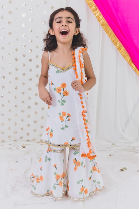 Tiny Pants White Georgette Pom-poms Marigold Bloom Kurta Sharara Set 