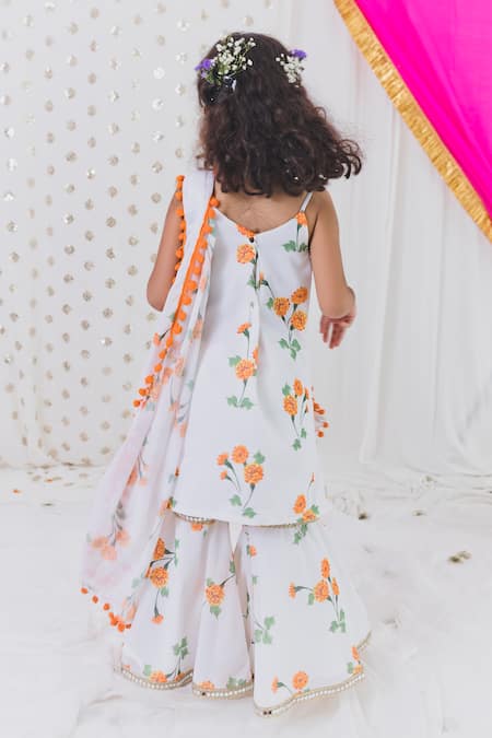 Shop_Tiny Pants_White Georgette Pom-poms Marigold Bloom Kurta Sharara Set _at_Aza_Fashions