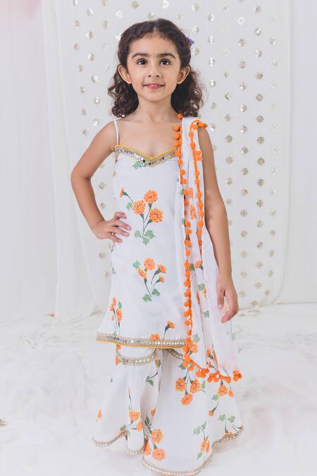 Tiny Pants_White Georgette Pom-poms Marigold Bloom Kurta Sharara Set _Online_at_Aza_Fashions