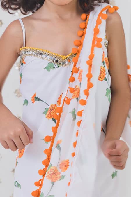 Buy_Tiny Pants_White Georgette Pom-poms Marigold Bloom Kurta Sharara Set _Online_at_Aza_Fashions