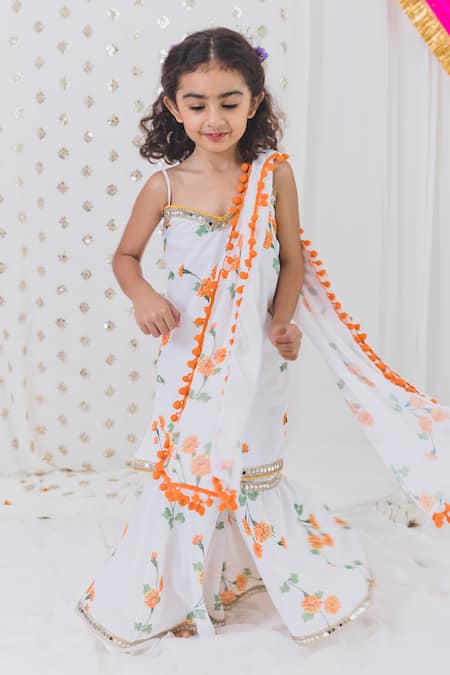 Shop_Tiny Pants_White Georgette Pom-poms Marigold Bloom Kurta Sharara Set _Online_at_Aza_Fashions