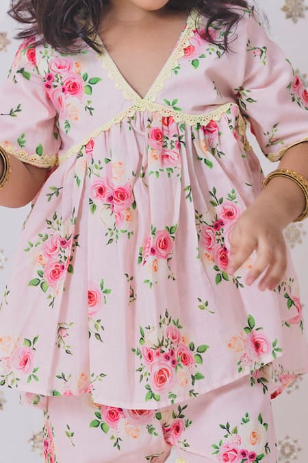 Tiny Pants_Peach Cotton Lace Rosa Garden Pattern Kurta Sharara Set _Online_at_Aza_Fashions