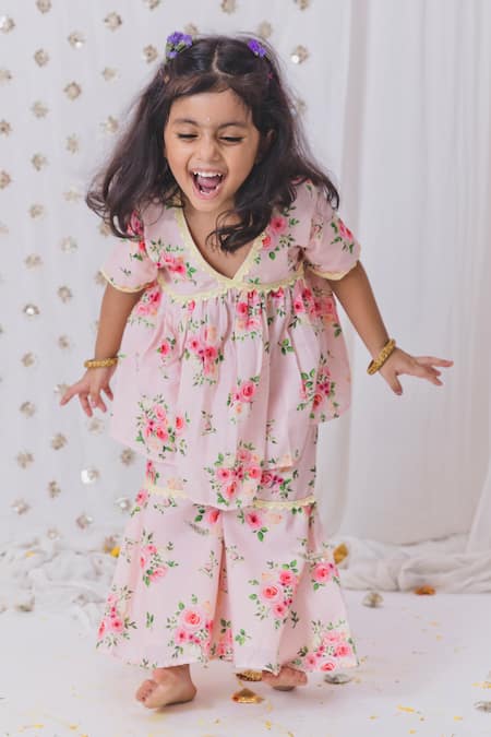 Buy_Tiny Pants_Peach Cotton Lace Rosa Garden Pattern Kurta Sharara Set _Online_at_Aza_Fashions