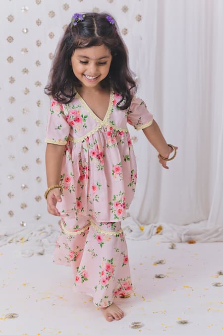 Shop_Tiny Pants_Peach Cotton Lace Rosa Garden Pattern Kurta Sharara Set _Online_at_Aza_Fashions
