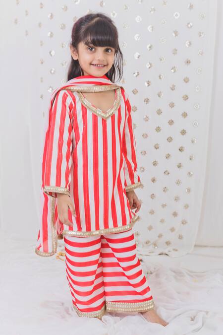 Tiny Pants_Red Georgette Lace, Embroidery Striped Pattern Kurta Sharara Set _Online_at_Aza_Fashions
