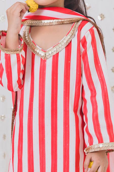Buy_Tiny Pants_Red Georgette Lace, Embroidery Striped Pattern Kurta Sharara Set _Online_at_Aza_Fashions