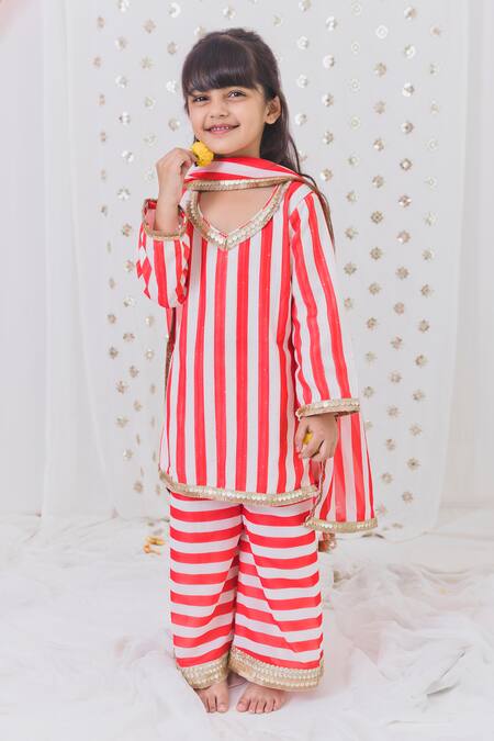 Shop_Tiny Pants_Red Georgette Lace, Embroidery Striped Pattern Kurta Sharara Set _Online_at_Aza_Fashions