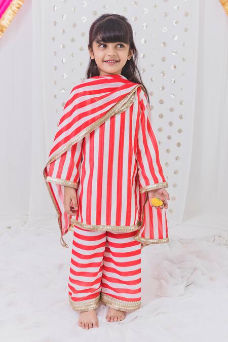 Tiny Pants_Red Georgette Lace, Embroidery Striped Pattern Kurta Sharara Set _at_Aza_Fashions