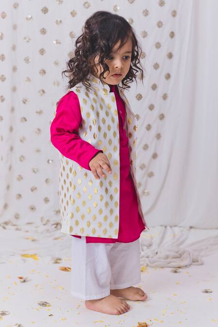 Tiny Pants_Pink Cotton, Georgette Embroidery Buti Embellished Kurta Set _Online_at_Aza_Fashions