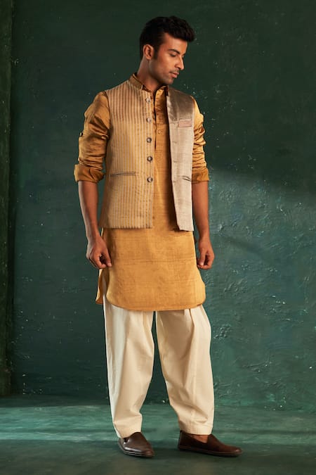 Charkhee Multi Color Kurta Stripe Dori Pattern Nehru Jacket And Set 