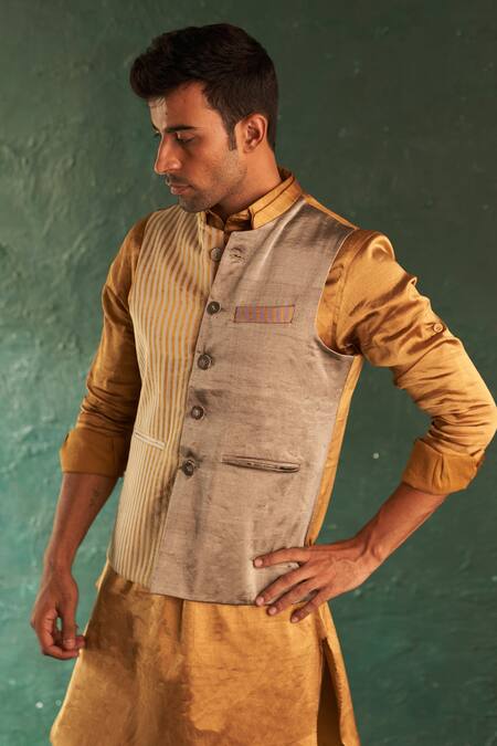 Charkhee Multi Color Silk, Cotton Embroidery, Diamonds Stripe Nehru Jacket And Kurta Set Online at Aza Fashions Charkhee_Multi Color Silk, Cotton Embroidery, Diamonds Stripe Nehru Jacket And Kurta Set_Online_at_Aza_Fashions