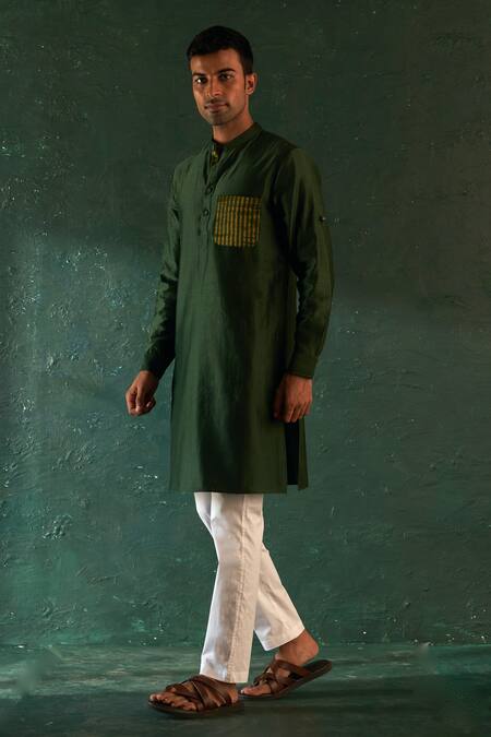Charkhee_Green Chanderi, Cotton, Poplin Straight Kurta With Pant _Online_at_Aza_Fashions