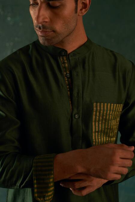 Shop_Charkhee_Green Chanderi, Cotton, Poplin Straight Kurta With Pant _Online_at_Aza_Fashions