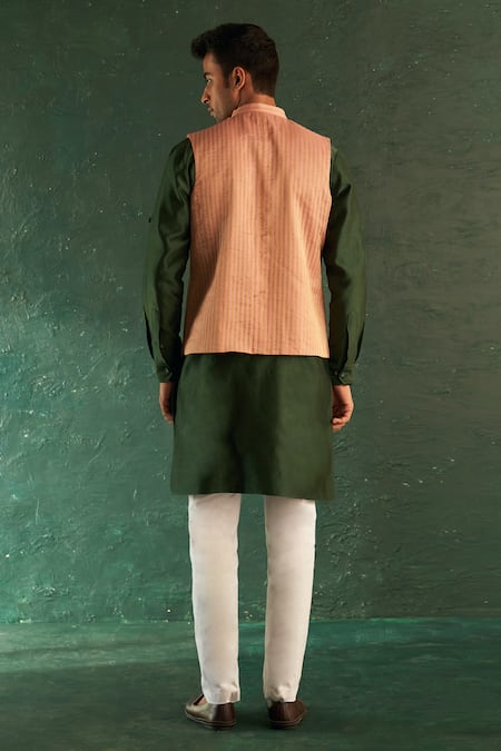 Shop Charkhee Green Chanderi, Poplin, Silk Pink Stripe Bundi Kurta Set at Aza Fashions Shop_Charkhee_Green Chanderi, Poplin, Silk Pink Stripe Bundi Kurta Set _at_Aza_Fashions