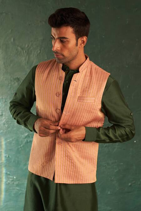 Charkhee Green Chanderi, Poplin, Silk Pink Stripe Bundi Kurta Set Online at Aza Fashions Charkhee_Green Chanderi, Poplin, Silk Pink Stripe Bundi Kurta Set _Online_at_Aza_Fashions