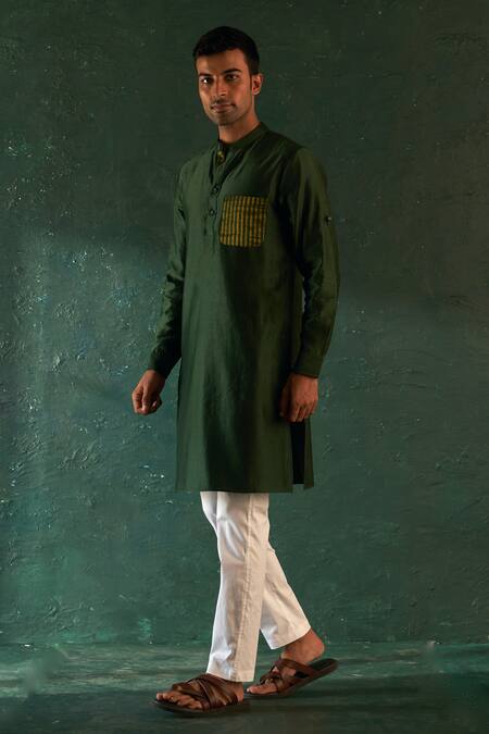 Shop Charkhee Green Chanderi, Poplin, Silk Pink Stripe Bundi Kurta Set Online at Aza Fashions Shop_Charkhee_Green Chanderi, Poplin, Silk Pink Stripe Bundi Kurta Set _Online_at_Aza_Fashions