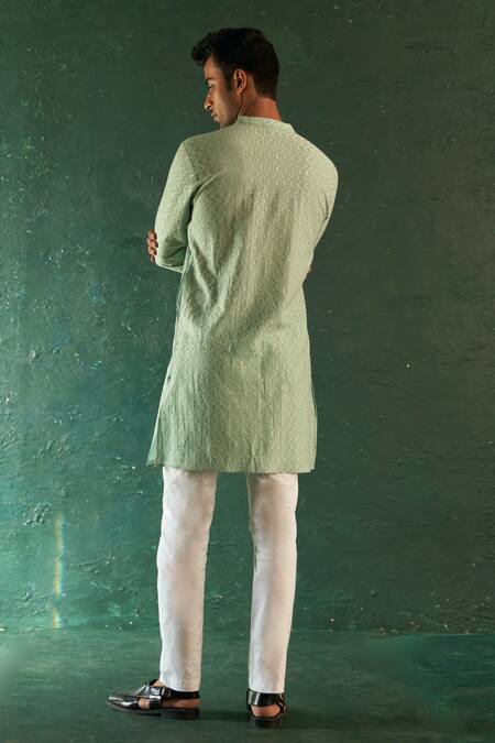 Shop Charkhee Green Cotton, Poplin Embroidery Chevron Kurta Set at Aza Fashions Shop_Charkhee_Green Cotton, Poplin Embroidery Chevron Kurta Set_at_Aza_Fashions