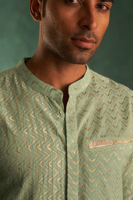 Buy Charkhee Green Cotton, Poplin Embroidery Chevron Kurta Set Online at Aza Fashions Buy_Charkhee_Green Cotton, Poplin Embroidery Chevron Kurta Set_Online_at_Aza_Fashions