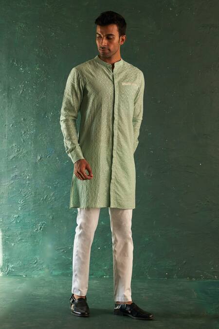 Shop Charkhee Green Cotton, Poplin Embroidery Chevron Kurta Set Online at Aza Fashions Shop_Charkhee_Green Cotton, Poplin Embroidery Chevron Kurta Set_Online_at_Aza_Fashions