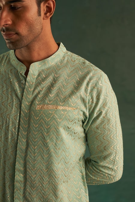 Charkhee Green Cotton, Poplin Embroidery Chevron Kurta Set at Aza Fashions Charkhee_Green Cotton, Poplin Embroidery Chevron Kurta Set_at_Aza_Fashions