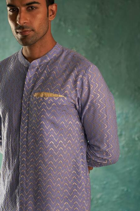 Charkhee_Purple Cotton, Poplin Embroidery Chevron Straight Kurta With Pant_Online_at_Aza_Fashions