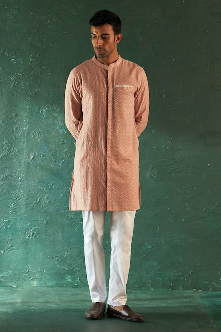 Charkhee Pink Kurta And Lining Cotton Embroidery Chevron Work Straight With Pant 