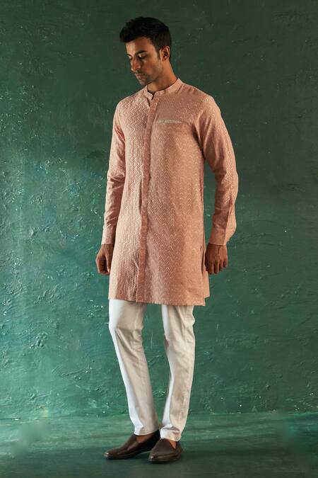 Charkhee_Pink Cotton, Poplin Embroidery Chevron Work Straight Kurta With Pant_Online_at_Aza_Fashions