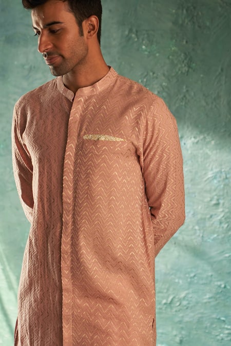 Shop_Charkhee_Pink Cotton, Poplin Embroidery Chevron Work Straight Kurta With Pant_Online_at_Aza_Fashions