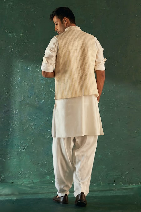 Shop Charkhee White Silk, Cotton Satin Tissue Stripe Bundi at Aza Fashions Shop_Charkhee_White Silk, Cotton Satin Tissue Stripe Bundi _at_Aza_Fashions
