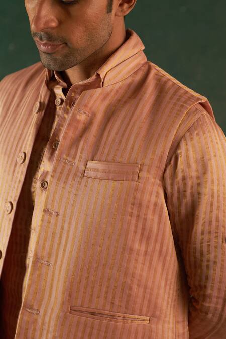 Charkhee_Pink Silk, Cotton Satin Stripe Pattern Rose Bundi _Online_at_Aza_Fashions