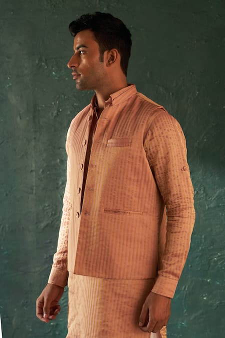 Shop_Charkhee_Pink Silk, Cotton Satin Stripe Pattern Rose Bundi _Online_at_Aza_Fashions