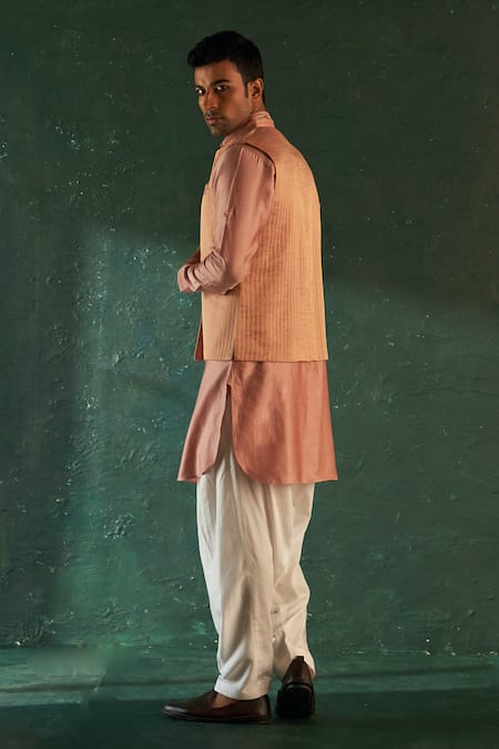 Shop Charkhee Pink Silk, Chanderi, Cotton Satin Embroidery Stripe Pattern Bundi Kurta Set at Aza Fashions Shop_Charkhee_Pink Silk, Chanderi, Cotton Satin Embroidery Stripe Pattern Bundi Kurta Set _at_Aza_Fashions