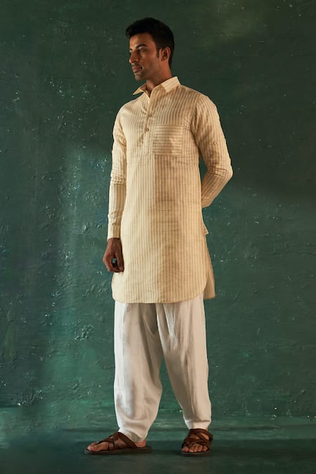 Shop_Charkhee_White Silk, Chanderi, Cotton Satin Stripe Bundi Kurta Set _at_Aza_Fashions