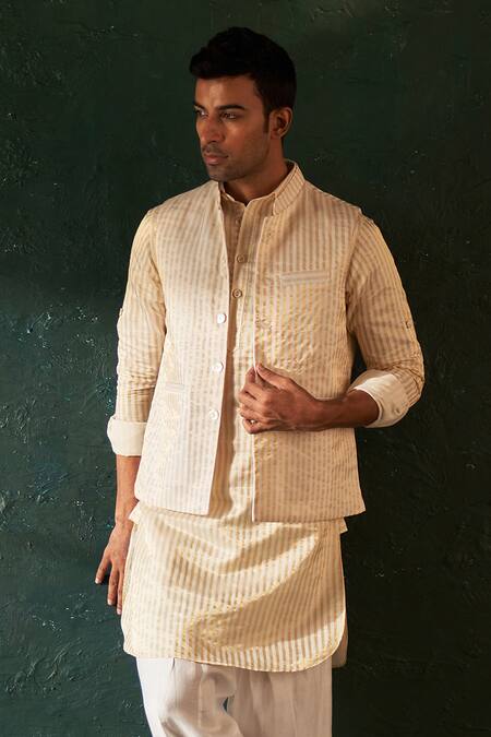 Charkhee_White Silk, Chanderi, Cotton Satin Stripe Bundi Kurta Set _Online_at_Aza_Fashions