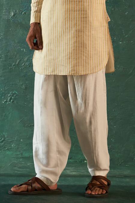 Buy_Charkhee_White Silk, Chanderi, Cotton Satin Stripe Bundi Kurta Set _Online_at_Aza_Fashions