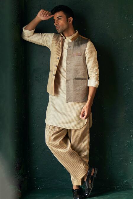 Shop Charkhee Multi Color Silk Stripe Pattern And Bundi Kurta Set at Aza Fashions Shop_Charkhee_Multi Color Silk Stripe Pattern And Bundi Kurta Set_at_Aza_Fashions