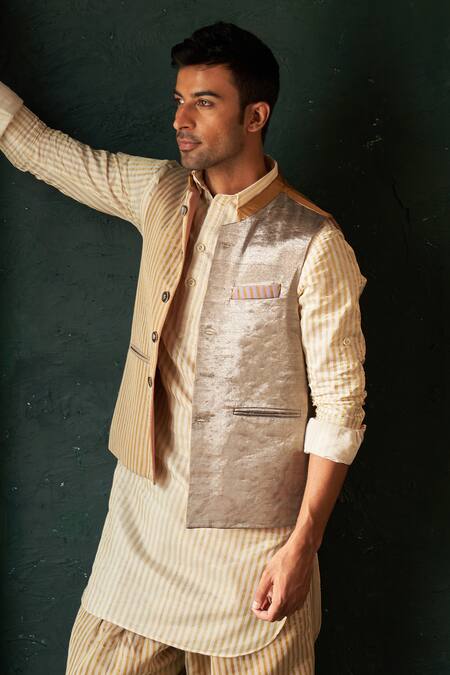 Charkhee Multi Color Silk Stripe Pattern And Bundi Kurta Set Online at Aza Fashions Charkhee_Multi Color Silk Stripe Pattern And Bundi Kurta Set_Online_at_Aza_Fashions