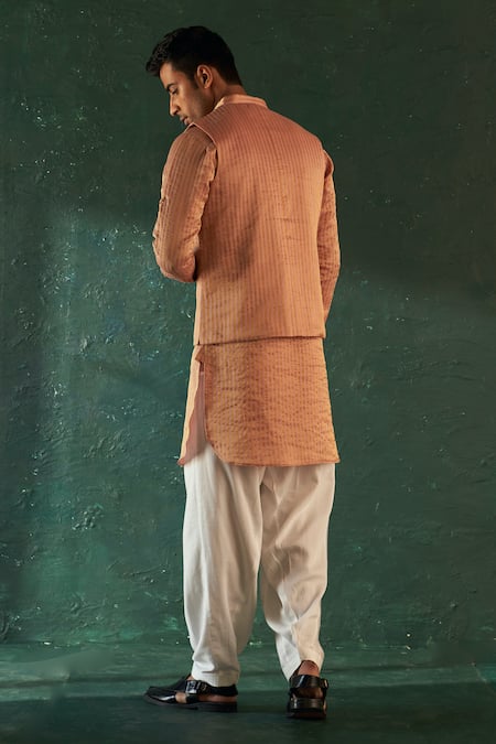 Charkhee Pink Striped Bundi Kurta Set 