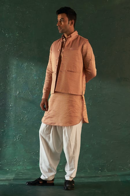 Buy_Charkhee_Pink Silk, Poplin Striped Bundi Kurta Set _Online_at_Aza_Fashions