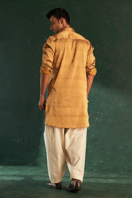 Shop_Charkhee_Gold Silk, Poplin, Cotton Embroidery Metallic Kurta With Salwar _at_Aza_Fashions