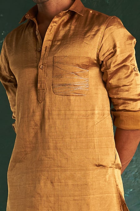 Charkhee_Gold Silk, Poplin, Cotton Embroidery Metallic Kurta With Salwar _Online_at_Aza_Fashions