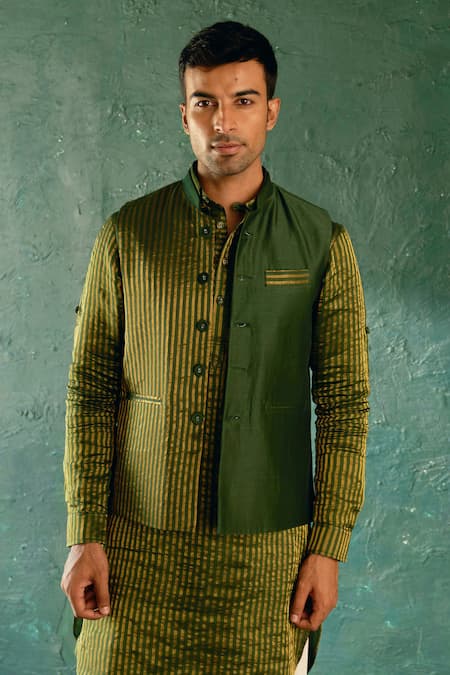 Shop_Charkhee_Green Chanderi, Silk, Poplin Stripe Bundi Kurta Set _Online_at_Aza_Fashions