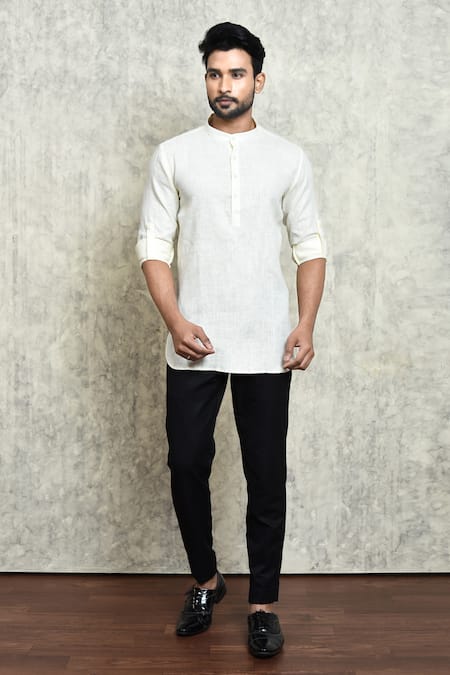 Arihant Rai Sinha Cream Linen Plain Mandarin Collar Short Kurta 