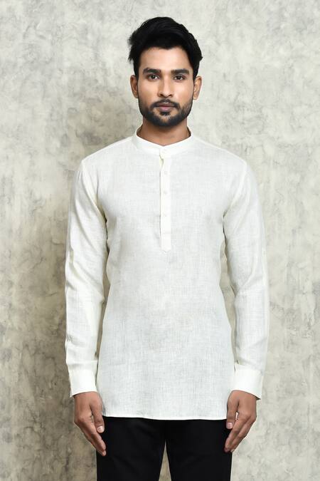 Arihant Rai Sinha_Cream Linen Mandarin Collar Short Kurta _Online_at_Aza_Fashions
