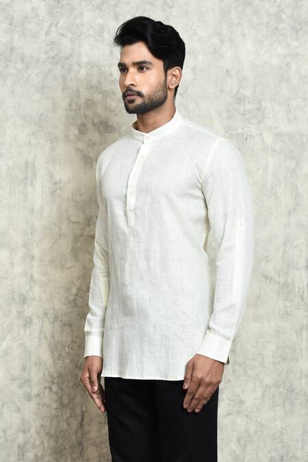 Buy_Arihant Rai Sinha_Cream Linen Mandarin Collar Short Kurta _Online_at_Aza_Fashions