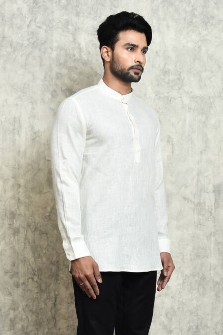 Shop_Arihant Rai Sinha_Cream Linen Mandarin Collar Short Kurta _Online_at_Aza_Fashions