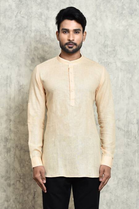 Arihant Rai Sinha_Peach Linen Yarn Dyed Short Kurta _Online_at_Aza_Fashions
